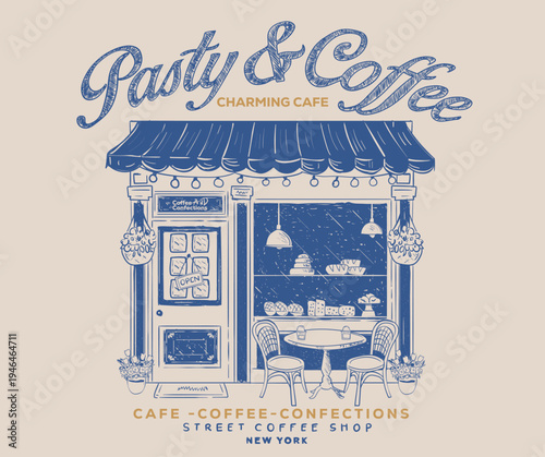 Pasty and coffee shop art. Street cafe graphic print design for t shirt, apparel, posters, background and others. Coffee house vector design. Street cafe abstract art design.