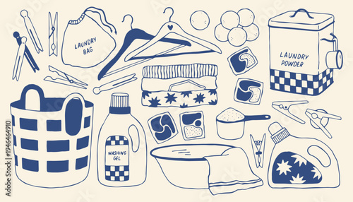 Hand drawn laundry collection with washing gel, laundry basket, clothespins, detergent pods. Mediterranean minimal blue line vector set for washing, home care branding, packaging and household design.