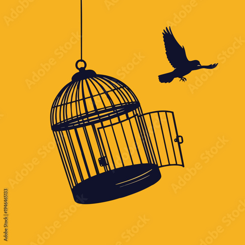 Bird escaping from cage, freedom concept. Silhouette of bird flying out of open cage.