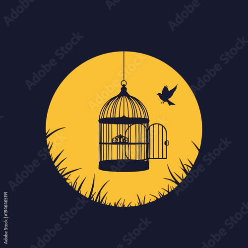 Bird escaping cage. Freedom concept. Silhouette.