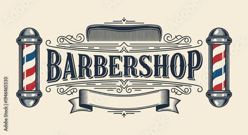 Vintage Barbershop Sign with Classic Barber Poles and Ornate Typography.