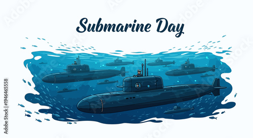 Vector illustration of submarines underwater on Submarine Day with a naval theme and deep blue tones.