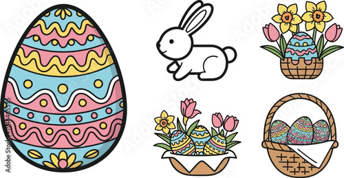 Collection of charming hand drawn colorful Easter icons featuring decorated eggs a cute bunny and springtime flower baskets