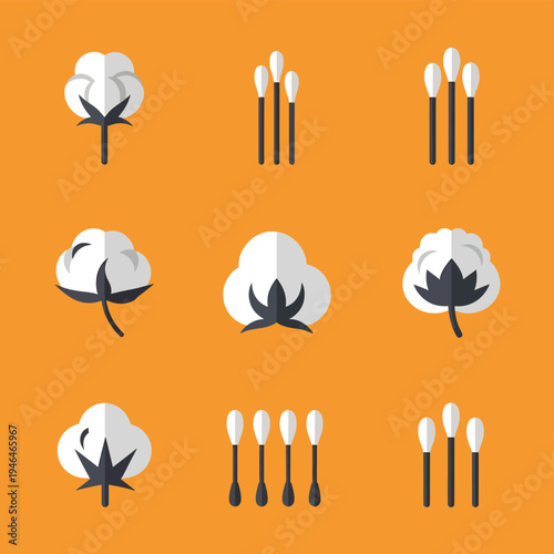 Cotton Bolls and Swabs Flat Vector Icons Set
