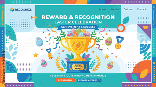 Reward and Recognition Easter Celebration Landing Page Vector Illustration with Golden Trophy, Medals, and Decorative Easter Eggs for Achievement and Success