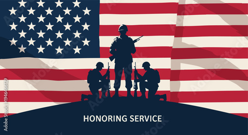 Honoring Service: American Soldiers Silhouette Against US Flag