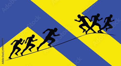 Runners Silhouette. Race. Competition. Success. Blue Yellow Background.