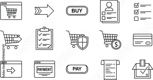 Ecommerce shopping process line icons set, online store cart, buy button, secure payment, order checklist vector collection
