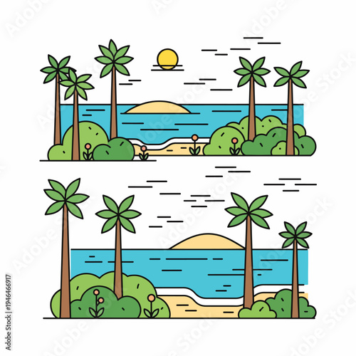 Tropical Beach Line Art Landscape Set