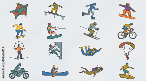 Various Diverse Extreme Sports and Outdoor Activities Icons Set