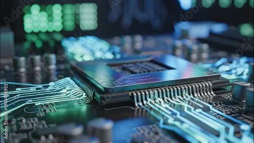 Macro shot of a central processing unit (CPU) on a computer motherboard. The CPU is in focus, displaying intricate circuits and connections. Futuristic aesthetic with a slight bokeh effect i