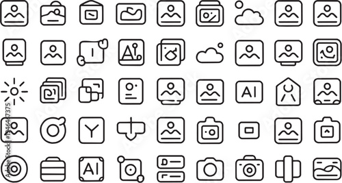 Image gallery icon set. Contain icons related to photo upload, picture gallery, image editing, media library, photography tools, and more. Editable stroke. Vector Illustration.