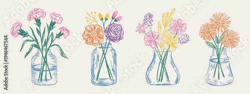 Hand drawn flowers in vases. Sketched style flower bouquets. Naive design. Spring, summer botanical art.
