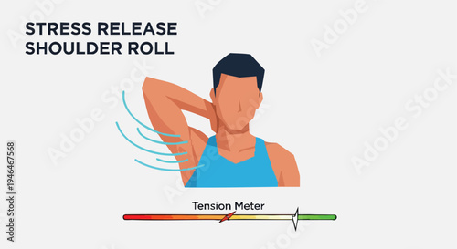 Stress Relief Shoulder Roll. Man Performing Exercise. Tension Meter. Health Concept.