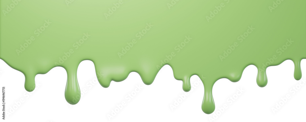 Fototapeta premium Green Pistachio Ice Cream or milk melt with glossy drops isolated on background. The syrup, Liquid flows down. Decorative border for culinary, food design. 3d render 