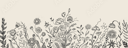 Grunge minimal charcoal or chalk spring summer flower collection. Vector illustration of ink hand drawn wild herbs set. Wax crayon drawing style. Floral silhouette elements for scrapbooking design.