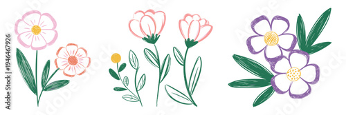 Sketch crayon style modern simple flower art poster or placard collection. Ink, charcoal, pencil or chalk style plants or floral elements drawing. Colorful hand drawn flowers vector illustration set.