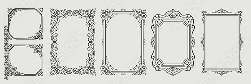 Whimsical baroque or rococo frames and renaissance borders. Vertical shapes with vintage victorian elegance decorated with whimsy lines and squiggles perfect for wedding invitation cards, scrapbooking