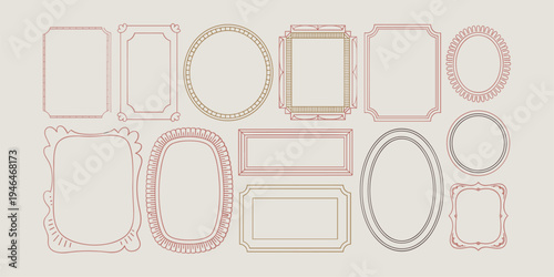 Doodle frames set, hand drawn geometric colorful border collection. Minimal hand drawn square arch and rectangle shapes kit. Elegant retro empty banner, poster, placard decor. Doodle frame emblem.