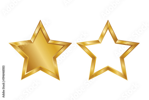 Five gold stars rating symbol with shiny metallic gradient and beveled edges, isolated on white background. Perfect for reviews, ranking, quality evaluation, and customer satisfaction concepts.
