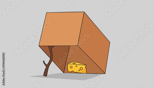 Mouse Trap. Homemade Trap. Cheese Bait. Cartoon Style.