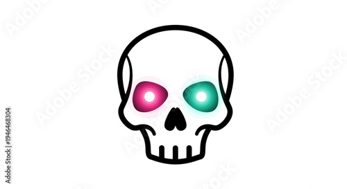 Modern minimalist skull icon with captivating glowing pink and blue eyes, a striking graphic element for edgy designs, gaming, or symbolic representation