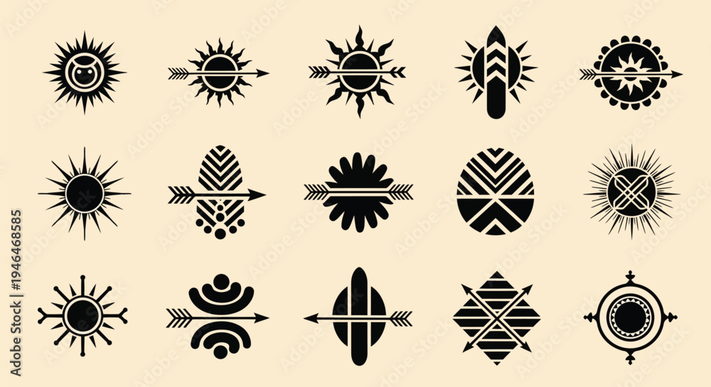 Εκτύπωση καμβά Collection of 15 black tribal symbols and icons on beige background including su