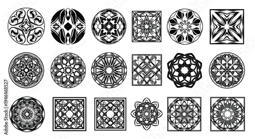 Collection of 17 intricate black and white geometric mandala designs arranged in three rows on a plain white background