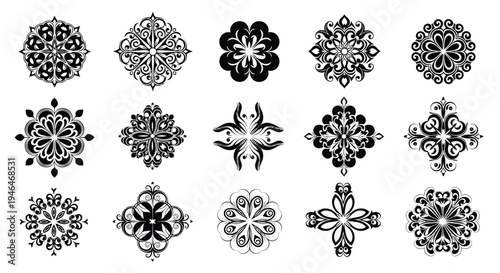 Collection of 15 black and white floral mandala designs on white background varying in complexity and pattern