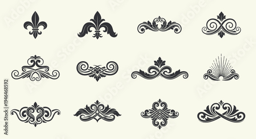 Collection of 12 elegant black decorative elements on cream background fleur de lis and swirling patterns