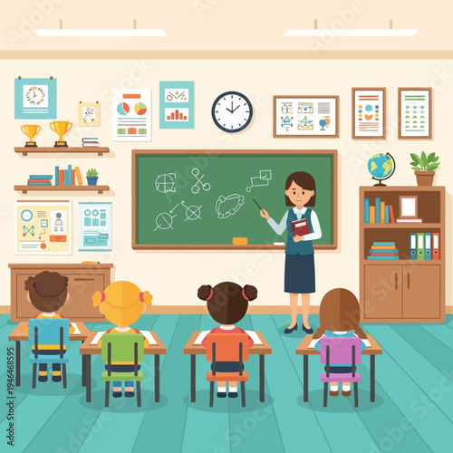 Teacher instructing young students in a classroom setting.