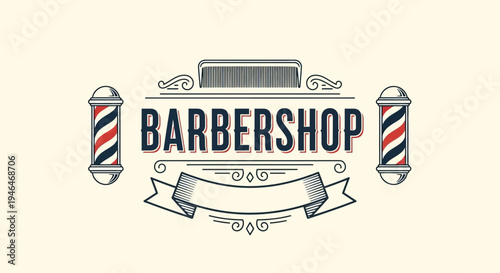 Vintage Barbershop Emblem with Classic Barber Poles and Decorative Banner.