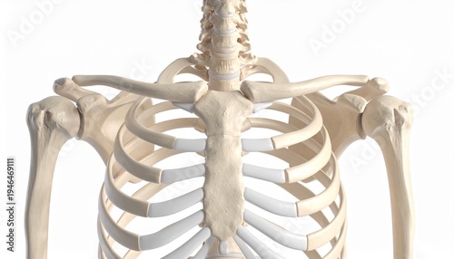Detailed 3D Rendering of Human Torso Skeleton Highlighting Rib Cage, Clavicle, and Spine on White Background
