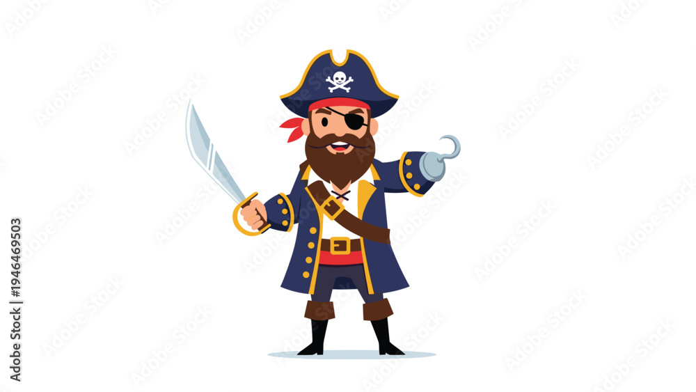 Obraz premium Brave animated buccaneer mascot, wearing a classic pirate hat, holding a cutlass and sporting a hook, for fun children's themes.