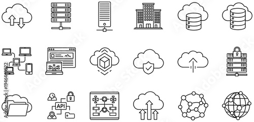 Black and white line icons set illustrating cloud computing, secure servers, networking, data infrastructure, global connectivity, and modern IT systems concepts