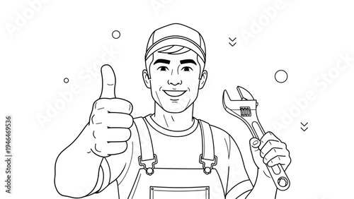 Cheerful male plumber in overalls and cap, holding an adjustable wrench and giving a confident thumbs-up, depicted in a friendly outline style.