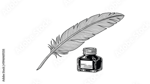 Classic quill pen alongside an old-fashioned ink bottle, both rendered in an intricate, vintage engraving style, symbolizing writing, literature, and tradition.