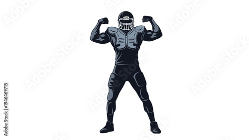 Muscular American football player in full uniform, helmet on, flexing his biceps and posing powerfully, embodying strength, sport, and determination.