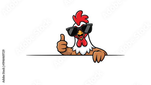 Hilarious cartoon chicken wearing sunglasses and giving a thumbs-up, peeking over a blank border, embodying cool confidence and approval.