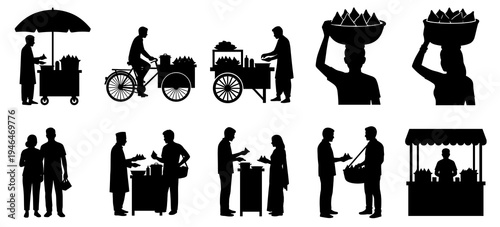 Silhouette street food vendor selling samosa vector illustration set. Indian traditional market scene, cart, bicycle, and seller carrying basket on head isolated on white.