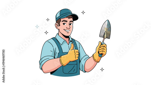 Friendly gardener in a cap and overalls, holding a trowel and giving a cheerful thumbs-up, embodying readiness for gardening and outdoor work.