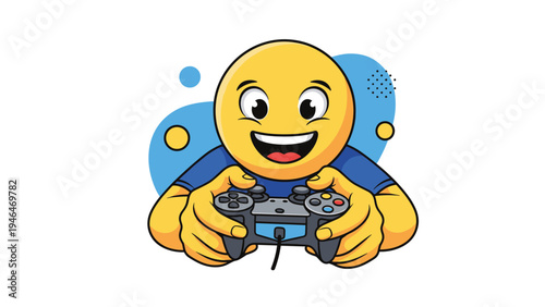 Enthusiastic emoji with a wide smile, holding a game controller and intensely playing a video game, symbolizing fun, gaming, and entertainment.