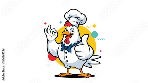 Cheerful cartoon chicken chef wearing a toque and bow tie, giving a thumbs-up and an "okay" gesture, embodying culinary excellence and restaurant quality.