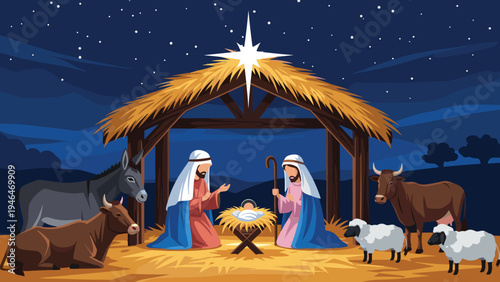 Traditional Christmas nativity scene under a starry night sky, featuring Mary, Joseph, baby Jesus, and farm animals, symbolizing holiday spirit and religious heritage.