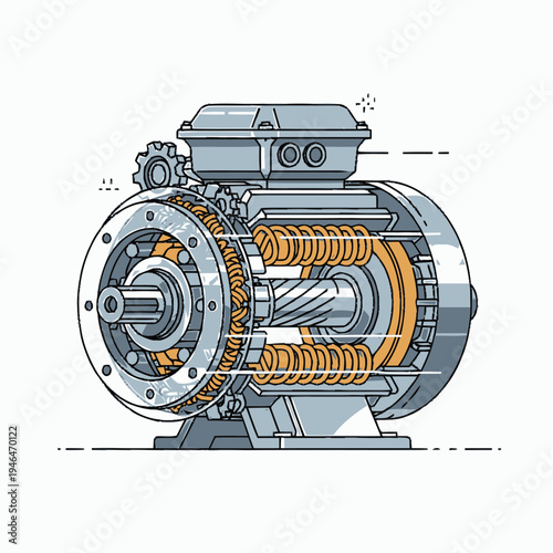 Technical line art cross-section illustration of an electric motor, revealing internal rotor, stator, and windings. Represents industrial power, mechanical engineering, and modern machines