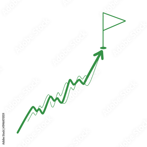 Dynamic upward arrow graph culminating in a triumphant flag, symbolizing robust business growth, progressive achievement, and strategic goal accomplishment