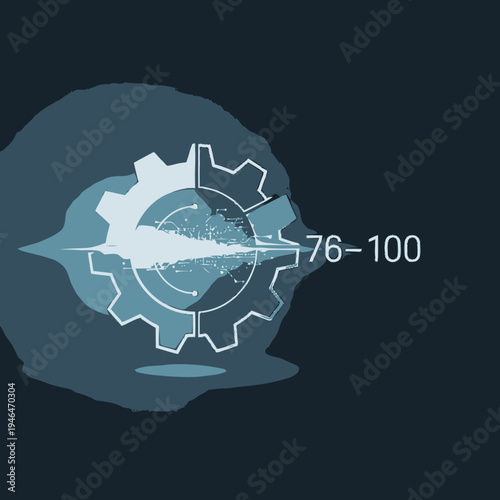 Digital gear graphic with an illuminating energy burst, symbolizing advanced technological analytics, precision performance, and strategic process optimization for future innovation and efficiency