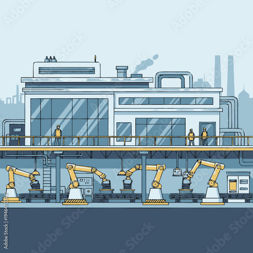 Automated robotic arms assembling products on a conveyor belt in a modern factory industrial setting with multiple levels and workers observing