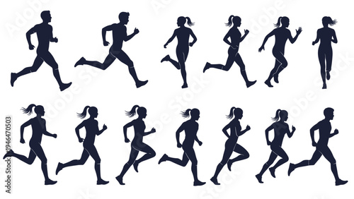 Dynamic collection of running silhouettes for both men and women, depicting various stages of a jog or sprint.