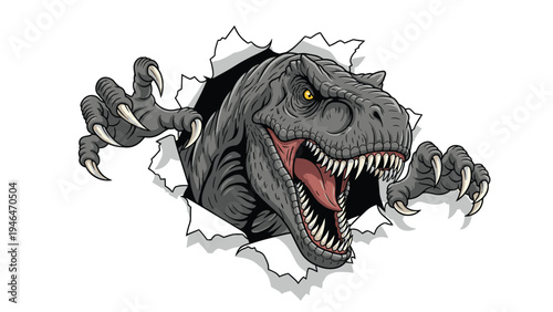Ferocious Tyrannosaurus Rex bursting through a torn hole in a wall, baring its sharp teeth and claws, symbolizing power and danger.
